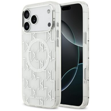 iPhone 17 Pro Max dėklas Karl Lagerfeld IML KL Monogram, MagSafe – baltas iPhone 17 Pro Max dėklas Karl Lagerfeld IML KL Monogram, MagSafe – baltas