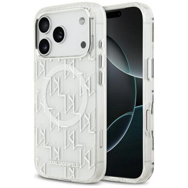 iPhone 17 Pro dėklas Karl Lagerfeld IML KL Monogram, MagSafe – baltas iPhone 17 Pro dėklas Karl Lagerfeld IML KL Monogram, MagSafe – baltas