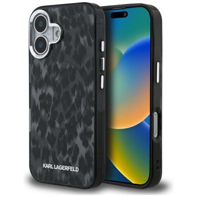 iPhone 16 Karl Lagerfeld IML Leopard Pattern MagSafe dėklas – juodas
