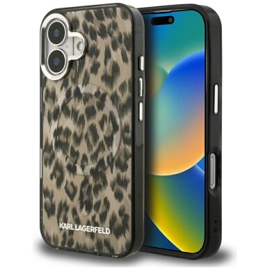 iPhone 16 dėklas Karl Lagerfeld IML Leopard Pattern, MagSafe – rudas