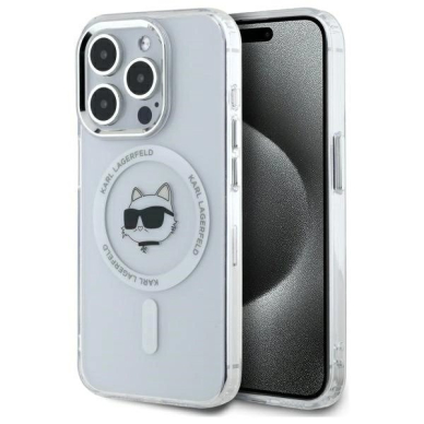 iPhone 15 Pro Max Karl Lagerfeld IML Metal Choupette Head MagSafe dėklas - baltas