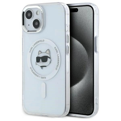 iPhone 15 Karl Lagerfeld IML Metal Choupette Head MagSafe dėklas - baltas