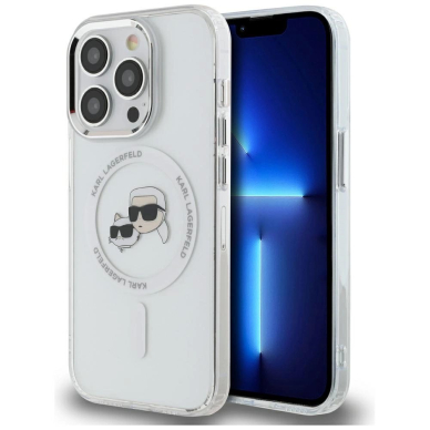 iPhone 14 Pro – Karl Lagerfeld IML Metal Karl & Choupette Head MagSafe dėklas - Baltas