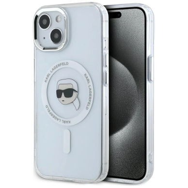 Karl Lagerfeld IML Metal Karl Head MagSafe Dėklas skirtas iPhone 15 Plus Baltas