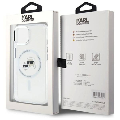 iPhone 15 Karl Lagerfeld IML Metal Karl&Choupette Head MagSafe dėklas - baltas 7