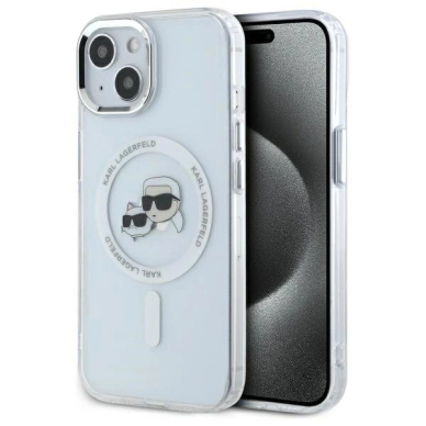 iPhone 15 Karl Lagerfeld IML Metal Karl&Choupette Head MagSafe dėklas - baltas iPhone 15 Karl Lagerfeld IML Metal Karl&Choupette Head MagSafe dėklas - baltas