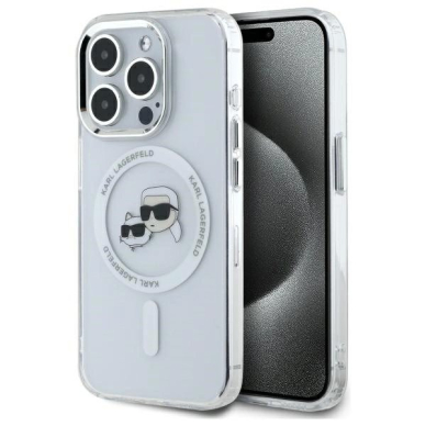 iPhone 15 Pro Karl Lagerfeld IML Metal Karl&Choupette Head MagSafe dėklas - baltas