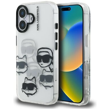 iPhone 16 dėklas Karl Lagerfeld IML Multi K&C Head Pattern – skaidrus