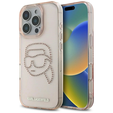 Karl Lagerfeld IML Rhinestones Karl Head Dėklas skirtas iPhone 16 Pro Rožinis