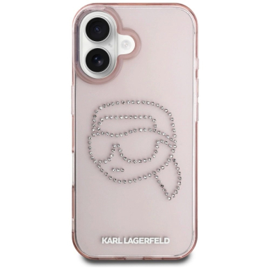 Karl Lagerfeld IML Rhinestones Karl Head iPhone 16 Dėklas Rožinis 2