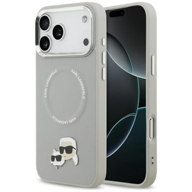 iPhone 17 Pro Karl Lagerfeld Karl & Choupette Pins MagSafe dėklas – pilkas