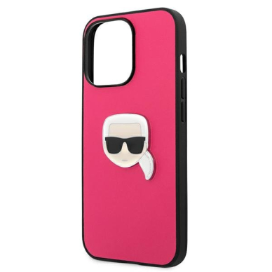 Originalus Karl Lagerfeld dėklas KLHCP13LPKMP iPhone 13 Pro / 13 6,1" Rožinis Leather Ikonik Karl`s Head Metal 5