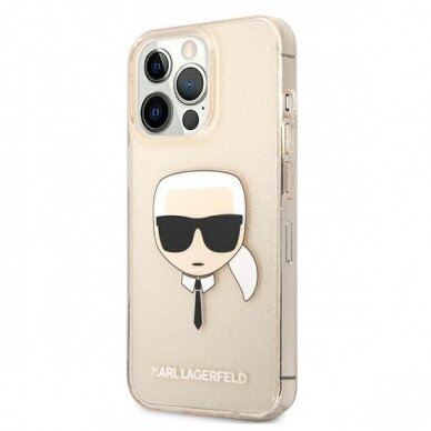 Originalus Karl Lagerfeld dėklas KLHCP13XKHTUGLGO iPhone 13 Pro Max 6,7" Auksinis Glitter Karl`s Head 1