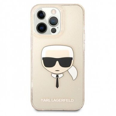 Originalus Karl Lagerfeld dėklas KLHCP13XKHTUGLGO iPhone 13 Pro Max 6,7" Auksinis Glitter Karl`s Head 2