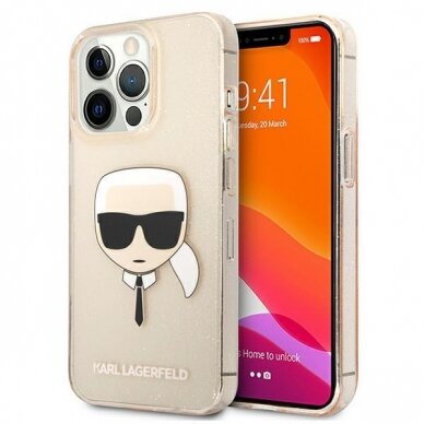 Originalus Karl Lagerfeld dėklas KLHCP13XKHTUGLGO iPhone 13 Pro Max 6,7" Auksinis Glitter Karl`s Head