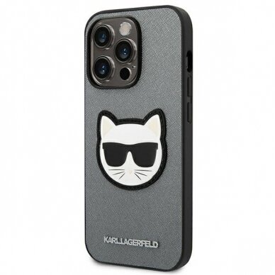 Dėklas Karl Lagerfeld Saffiano Choupette Head Patch KLHCP14XSAPCHG iPhone 14 Pro Max Sidabrinis 1