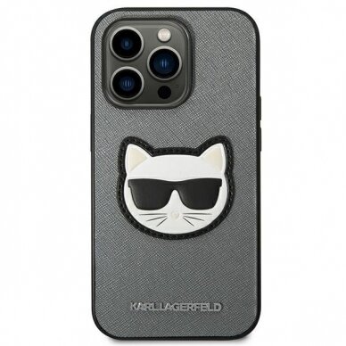 Dėklas Karl Lagerfeld Saffiano Choupette Head Patch KLHCP14XSAPCHG iPhone 14 Pro Max Sidabrinis 2