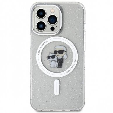 Originalus dėklas Karl Lagerfeld KLHMP13LHGKCNOT case skirta iPhone 13 Pro / 13 - Permatomas hardcase Karl&amp Choupette Glitter MagSafe 2