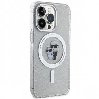 Originalus dėklas Karl Lagerfeld KLHMP13LHGKCNOT case skirta iPhone 13 Pro / 13 - Permatomas hardcase Karl&amp Choupette Glitter MagSafe 3
