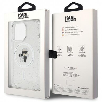 Originalus dėklas Karl Lagerfeld KLHMP13LHGKCNOT case skirta iPhone 13 Pro / 13 - Permatomas hardcase Karl&amp Choupette Glitter MagSafe 7