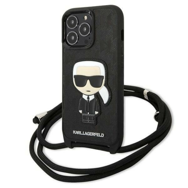 Karl Lagerfeld Odinis Monogram Patch and Cord Iconik Dėklas skirtas iPhone 13 Pro / 13 - Juodas Karl Lagerfeld Odinis Monogram Patch and Cord Iconik Dėklas skirtas iPhone 13 Pro / 13 - Juodas