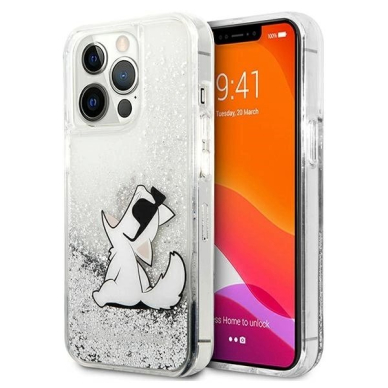 Karl Lagerfeld Liquid Glitter Choupette Fun Dėklas skirtas iPhone 13 Pro Max 6.7&quot; - Sidabrinis