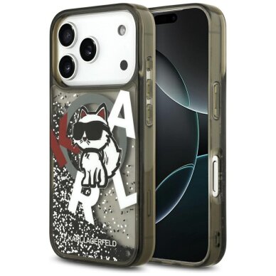 iPhone 17 Pro dėklas Karl Lagerfeld Liquid Glitter Choupette Logo su MagSafe – juodas