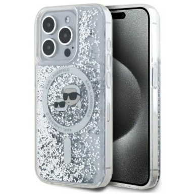 iPhone 15 Pro – Karl Lagerfeld Liquid Glitter Karl & Choupette Head MagSafe dėklas - Skaidrus