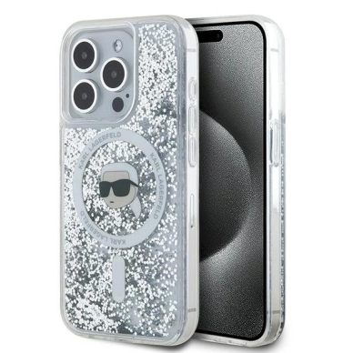 Karl Lagerfeld Liquid Glitter Karl Head MagSafe dėklas iPhone 15 Pro - Permatomas Karl Lagerfeld Liquid Glitter Karl Head MagSafe dėklas iPhone 15 Pro - Permatomas