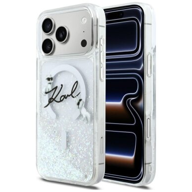 iPhone 17 Pro Max Karl Lagerfeld Liquid Glitter Karl Script Logo MagSafe dėklas – skaidrus