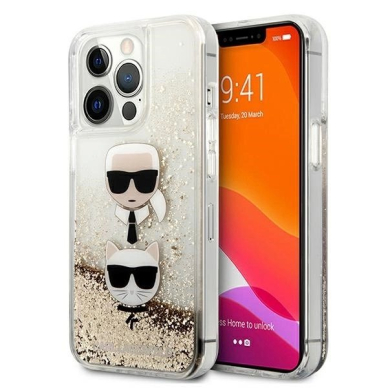 Karl Lagerfeld Liquid Glitter Karl&Choupette Head Dėklas skirtas iPhone 13 Pro Max 6.7&quot; - Auksinis