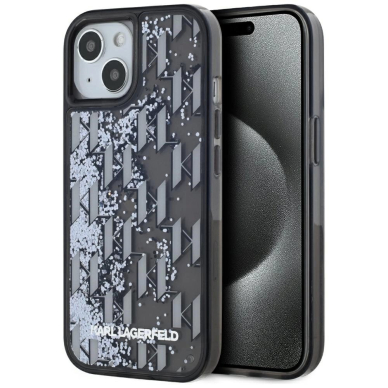 iPhone 15 Karl Lagerfeld Liquide Glitter Monogram Gradient dėklas - juodas