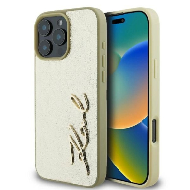 iPhone 16 Pro – Karl Lagerfeld Metal Signature dėklas - Auksinis