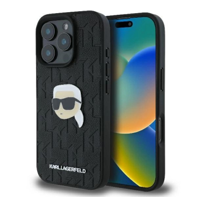 iPhone 16 Pro 6.3 Dėklas Karl Lagerfeld Monogram Karl Head Pin – juodas