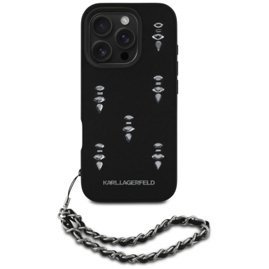 iPhone 16 Pro – Karl Lagerfeld Saffiano Crystals su grandinėle dėklas - Juodas 1