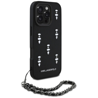 iPhone 16 Pro – Karl Lagerfeld Saffiano Crystals su grandinėle dėklas - Juodas 2