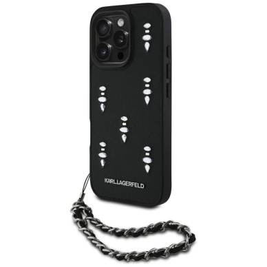 iPhone 16 Pro – Karl Lagerfeld Saffiano Crystals su grandinėle dėklas - Juodas