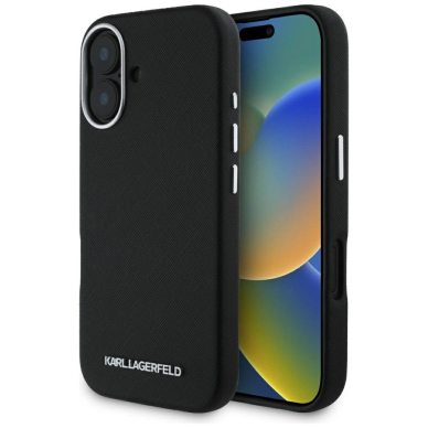 Karl Lagerfeld Saffiano Full Wrapped Elongated Metal Logo MagSafe Dėklas skirtas iPhone 16 - Juodas