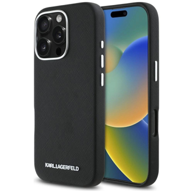 Karl Lagerfeld Saffiano Full Wrapped Elongated Metal Logo MagSafe Dėklas skirtas iPhone 16 Pro Max - Juodas