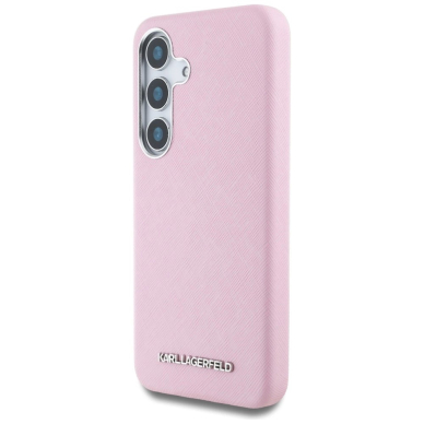Karl Lagerfeld Saffiano Full Wrapped Elongated Metal Logo MagSafe Dėklas skirtas Samsung Galaxy S25 - Rožinis 1