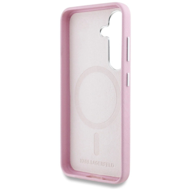 Karl Lagerfeld Saffiano Full Wrapped Elongated Metal Logo MagSafe Dėklas skirtas Samsung Galaxy S25 - Rožinis 6