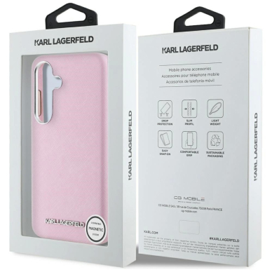 Karl Lagerfeld Saffiano Full Wrapped Elongated Metal Logo MagSafe Dėklas skirtas Samsung Galaxy S25 - Rožinis 7