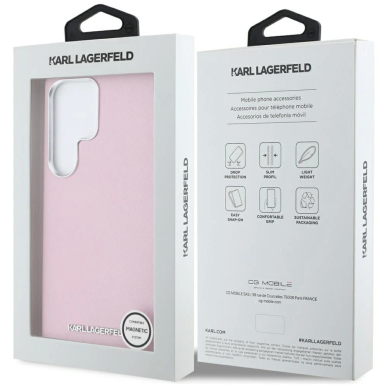 Karl Lagerfeld Saffiano Full Wrapped Elongated Metal Logo MagSafe Dėklas skirtas Samsung Galaxy S25 Ultra - Rožinis 7