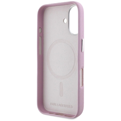 Karl Lagerfeld Saffiano Full Wrapped Elongated Metal Logo MagSafe iPhone 16 Dėklas - Rožinis 6