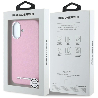 Karl Lagerfeld Saffiano Full Wrapped Elongated Metal Logo MagSafe iPhone 16 Dėklas - Rožinis 7