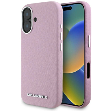 Karl Lagerfeld Saffiano Full Wrapped Elongated Metal Logo MagSafe iPhone 16 Dėklas - Rožinis Karl Lagerfeld Saffiano Full Wrapped Elongated Metal Logo MagSafe iPhone 16 Dėklas - Rožinis