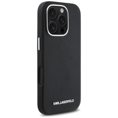 Karl Lagerfeld Saffiano Full Wrapped Elongated Metal Logo MagSafe iPhone 16 Pro Dėklas - Juodas 3