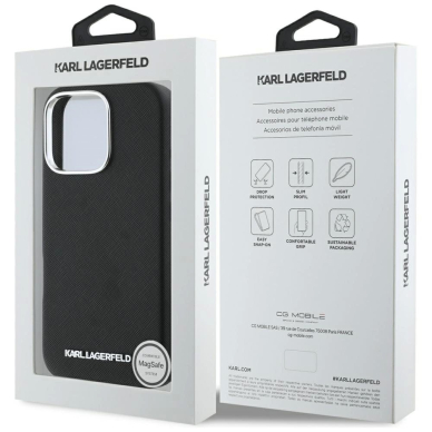Karl Lagerfeld Saffiano Full Wrapped Elongated Metal Logo MagSafe iPhone 16 Pro Dėklas - Juodas 7