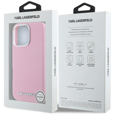 Karl Lagerfeld Saffiano Full Wrapped Elongated Metal Logo MagSafe iPhone 16 Pro Dėklas - Rožinis 7