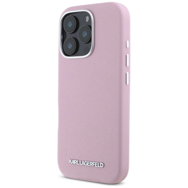 Karl Lagerfeld Saffiano Full Wrapped Elongated Metal Logo MagSafe iPhone 16 Pro Max Dėklas - Rožinis 1